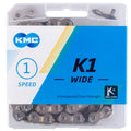 KMC K1 Wide 1-fach Kette 1/2 x 1/8 110 Glieder silber-schwarz in Originalverpackung, robuste Singlespeed-Fahrradkette.
