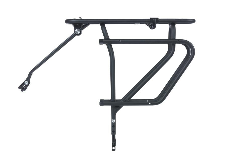 Schwarzer Basil Cargo Gepäckträger aus Aluminium für 26-28 Zoll Fahrräder, MIK kompatibel, 30kg Traglast, Rücklichtaufnahme.
