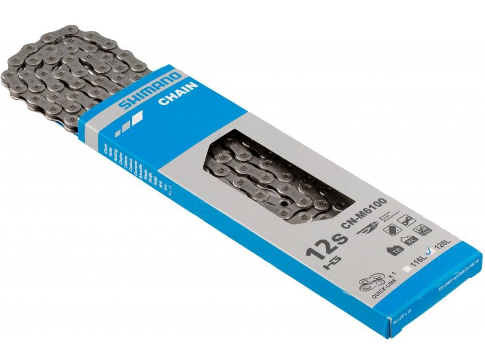 Shimano Deore CN-M6100 HG 12-fach MTB Kette mit 116 Gliedern und Quick-Link in Verpackung.