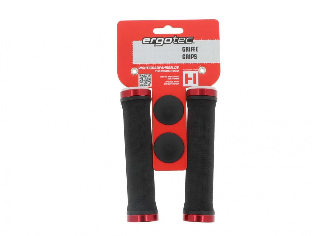 Ergotec MTB Lenkergriffe Bilbao RSK-09/2 in Schwarz-Rot, 135mm, Kraton und Aluminium mit Schraubklemmung.