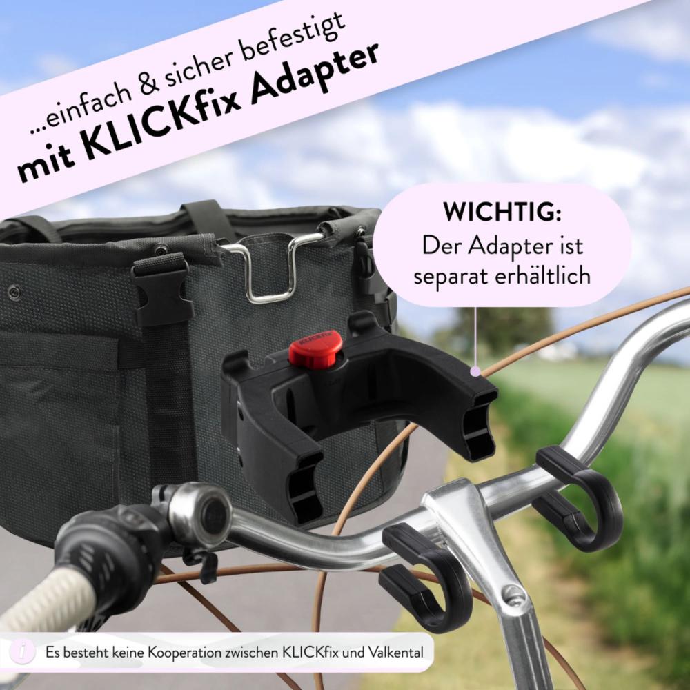 Valkental kleiner grauer Lenkerkorb für Hunde am Fahrradlenker mit KlickFix Adapter.