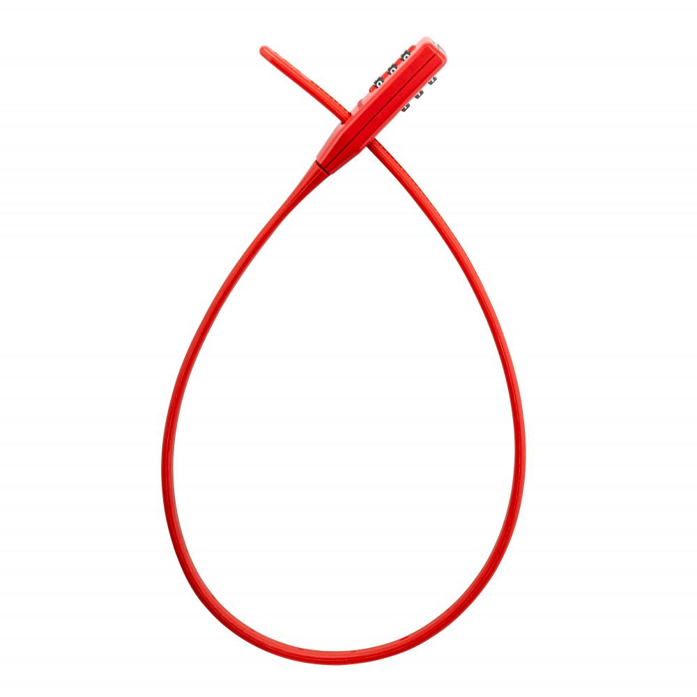Rotes Kryptonite Click Lock Zahlen-Kabelschloss (10mm, 45cm) mit 3-stelliger Kombination auf weißem Hintergrund.