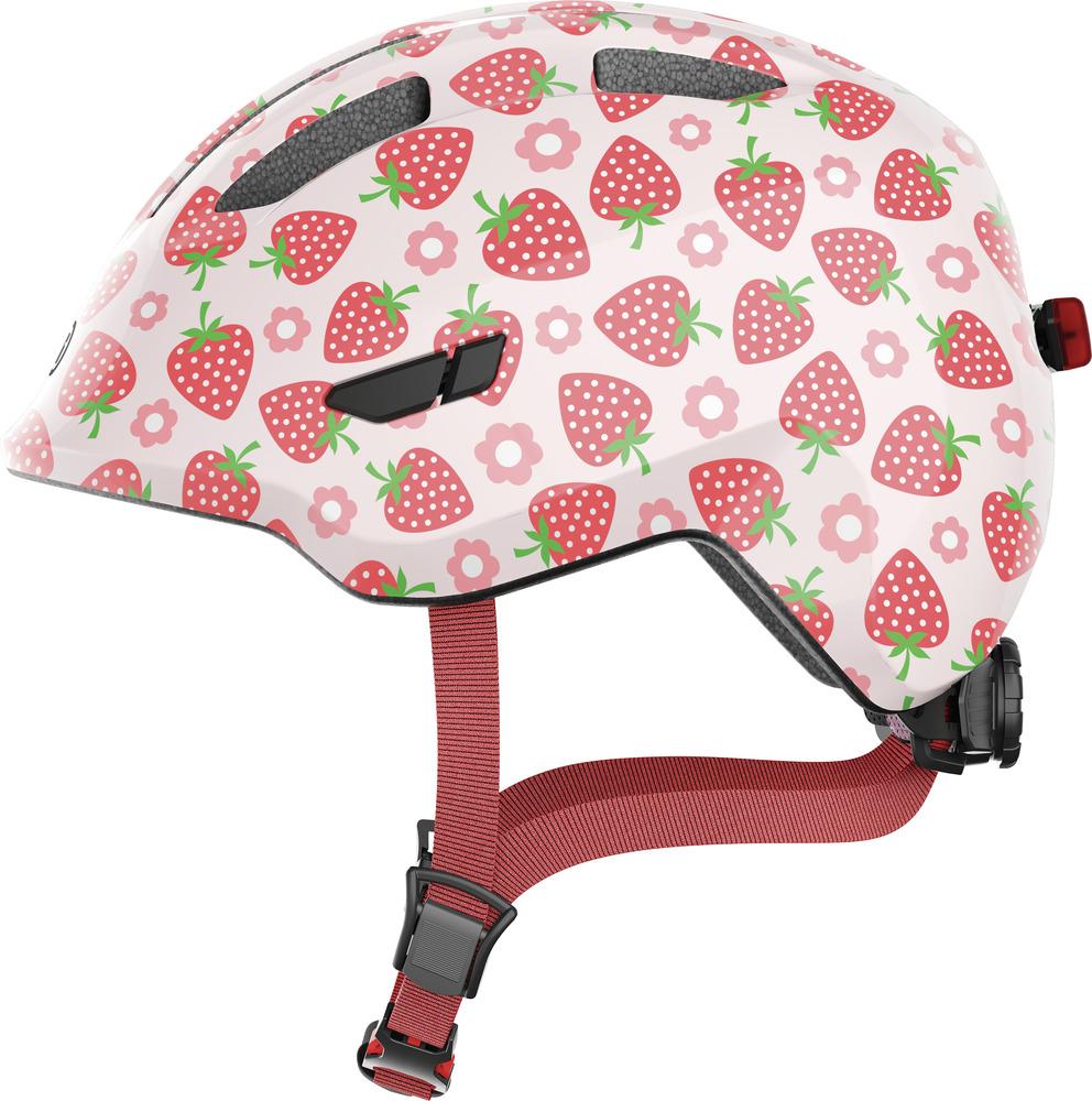 Abus Kinderhelm Smiley 3.0 LED mit rosa Erdbeer-Muster, Größe M 50-55cm