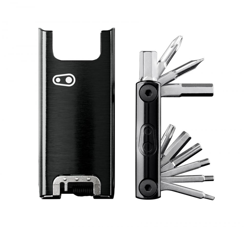 Crankbrothers F15 Fahrrad Multitool schwarz-silber, als geschlossenes Gehäuse und geöffnetes Werkzeug dargestellt.