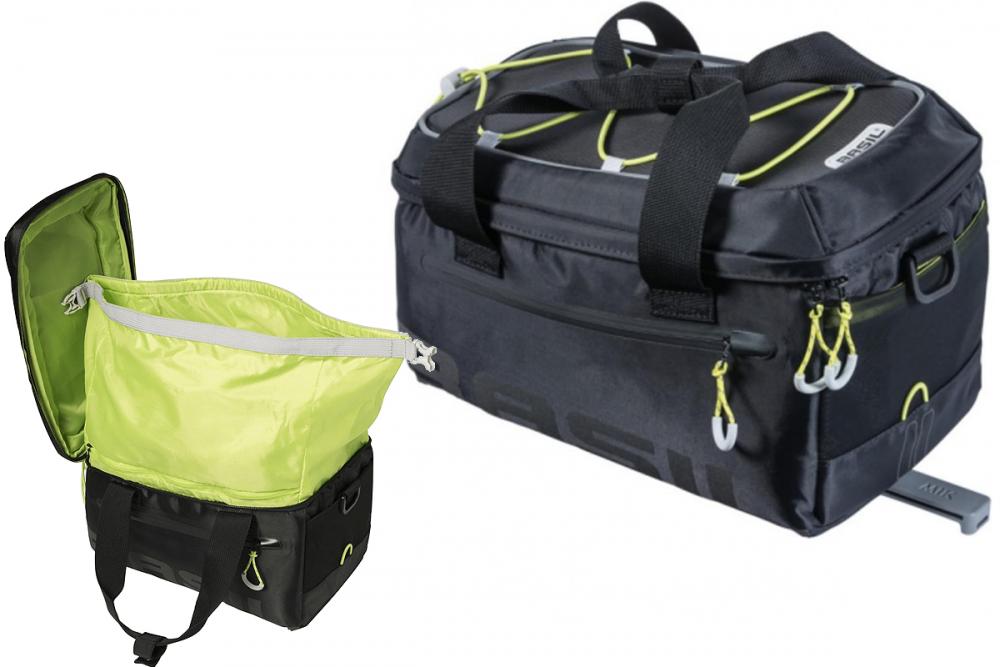 BASIL Gepäckträgertasche Miles MIK 2.0: Schwarze 7L Fahrradtasche mit wasserdichtem neongelbem Innenbeutel.