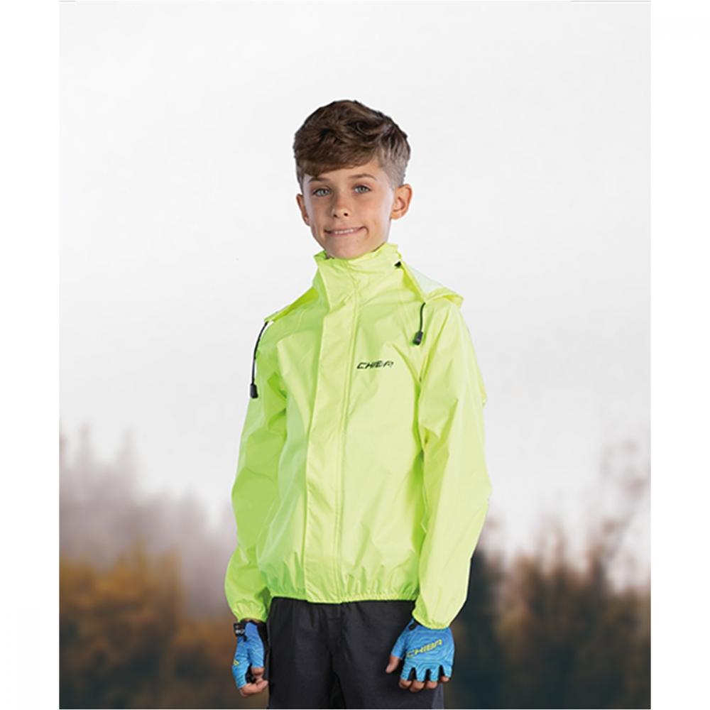 Chiba Regenjacke Rain Kids neongelb Größe L - wasserdichte Kinder-Fahrradjacke mit reflektierenden Elementen, winddicht und atmungsaktiv, leicht, kompakt verstaubar und gut sichtbar im Straßenverkehr
