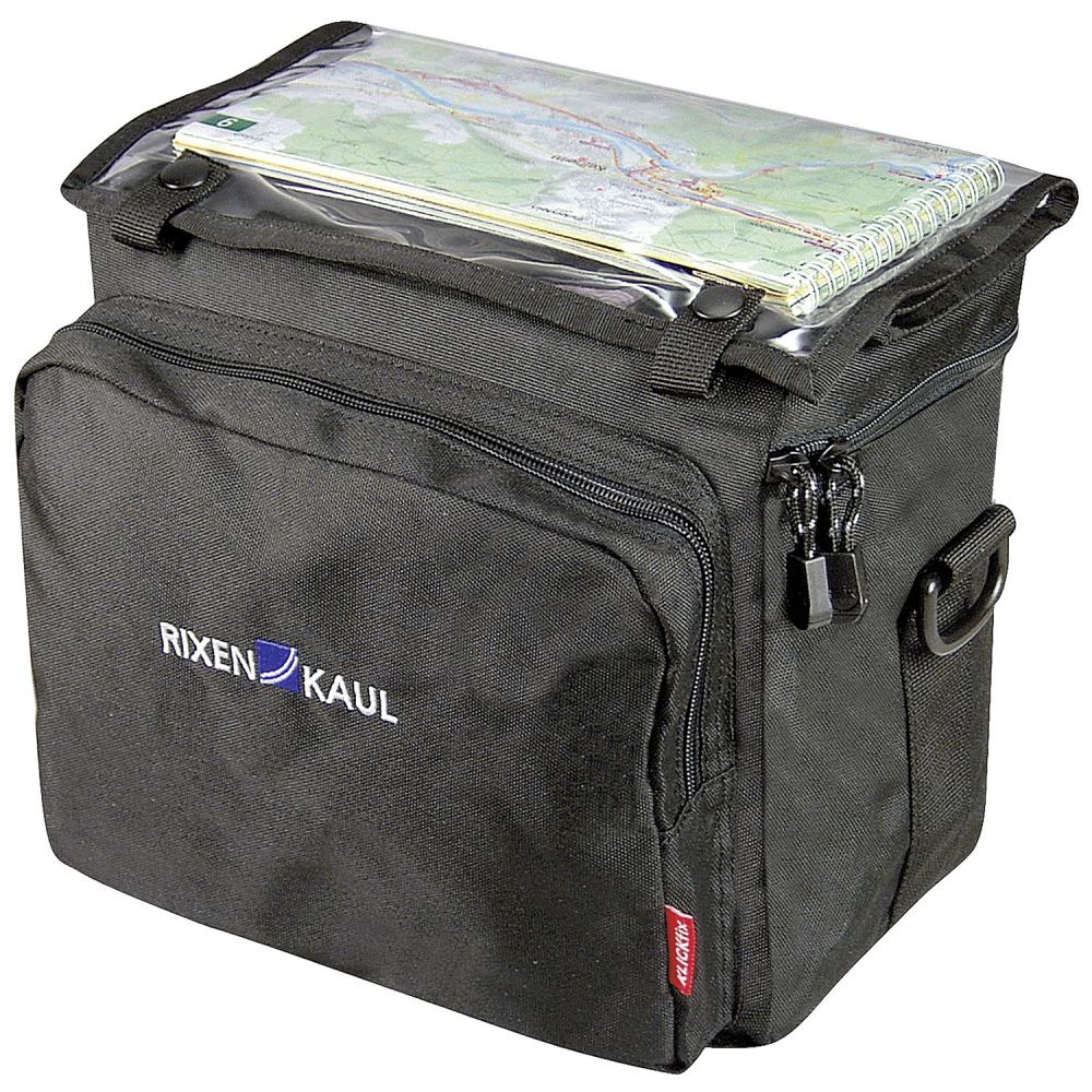 KLICKfix Lenkertasche Daypack Box schwarz mit transparentem Kartenfach, RIXEN KAUL Logo und seitlichen Reißverschlüssen.