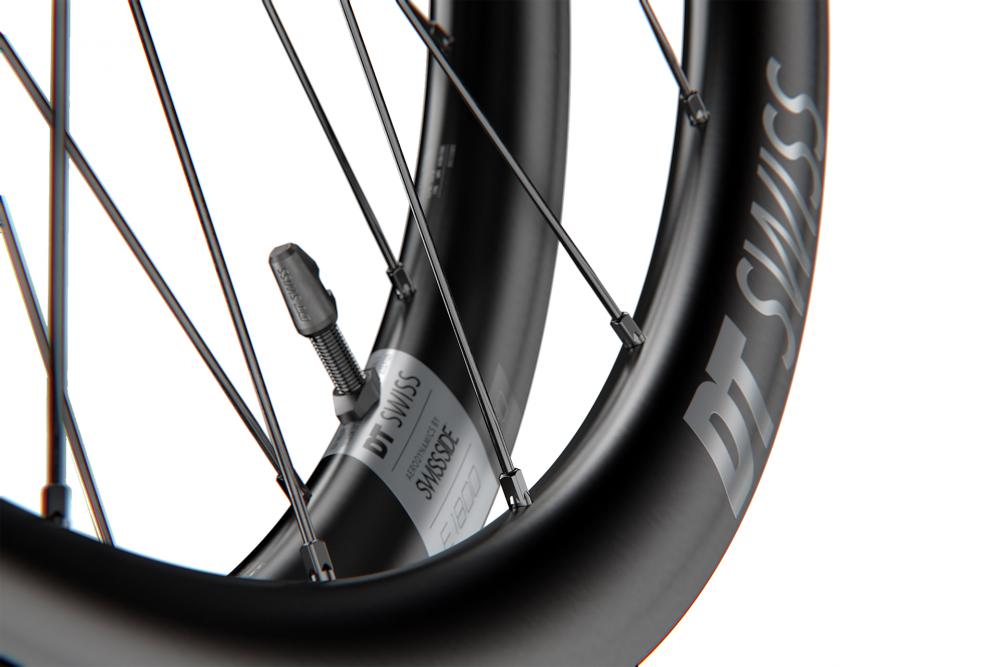 DT Swiss E 1800 SPLINE 29" Disc-Vorderrad, schwarz. Detailansicht von Laufrad, Speichen, Ventil und DT Swiss Schriftzug.