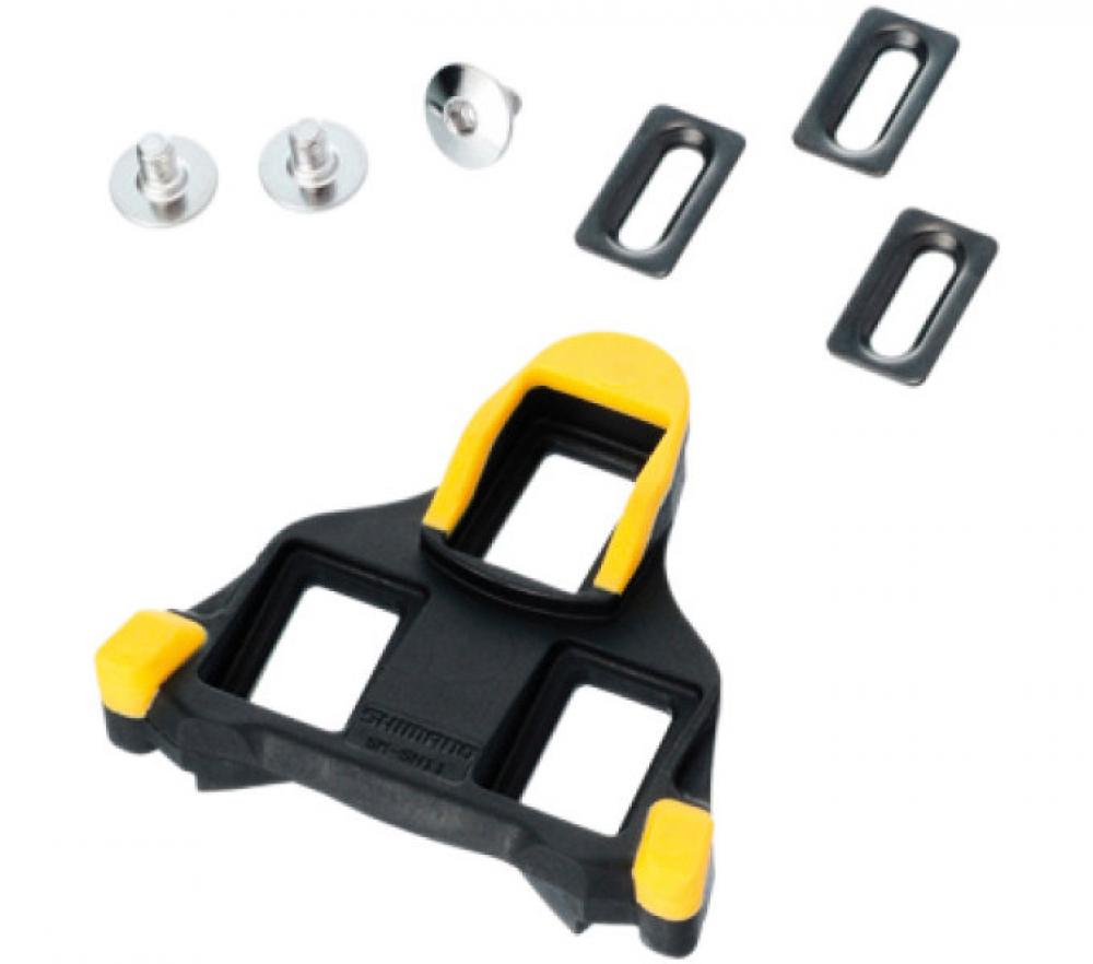 Shimano SM-SH11 SPD-SL Pedalplatten gelb mit Schrauben und Unterlegscheiben für Rennrad-Klickpedale.