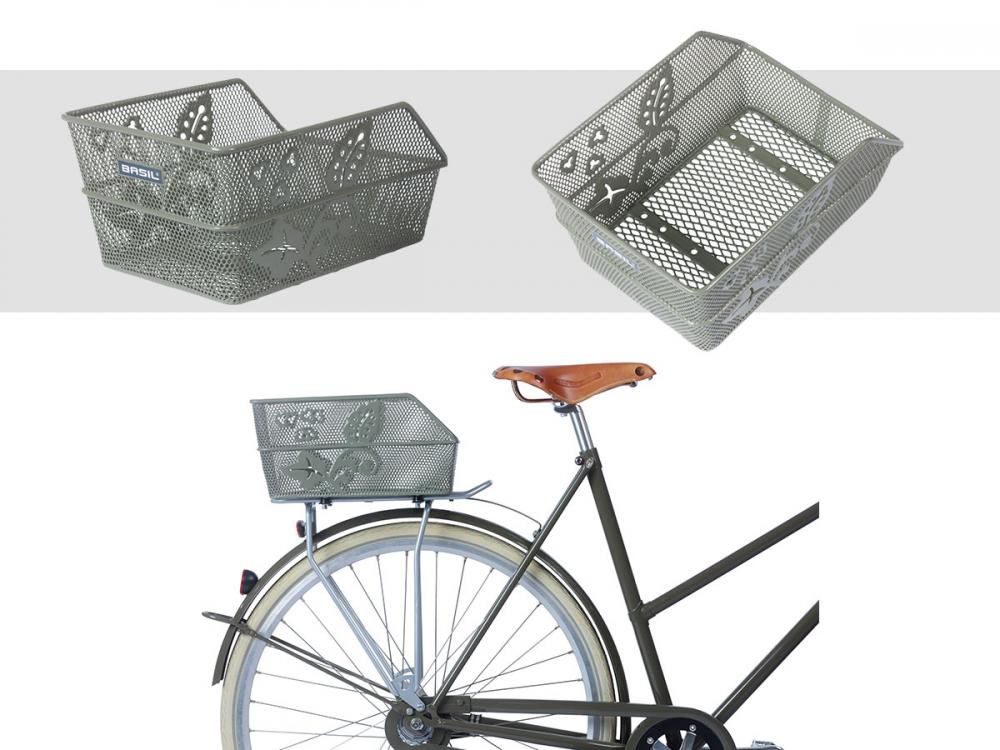 Basil Hinterradkorb Cento Flower S grün engmaschig 31x21x9cm am Fahrrad montiert und in Detailansicht.