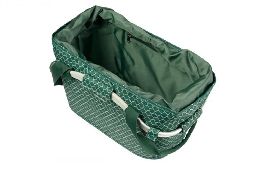 Grüner Basil Flair Carry All M IK Hinterradkorb 22L aus recyceltem Polyester mit Tragegriff und Kordelzug, wetterfest.