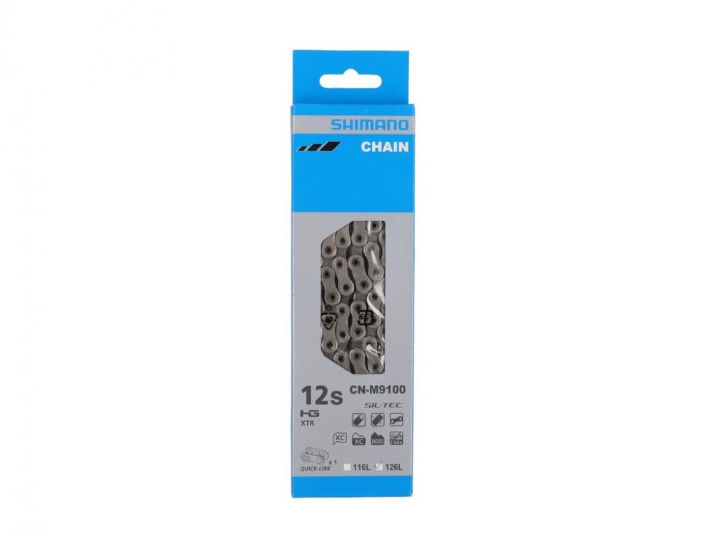 Shimano XTR CN-M9100 12-fach Fahrradkette SIL-TEC, Quick-Link, in blauer Verpackung.