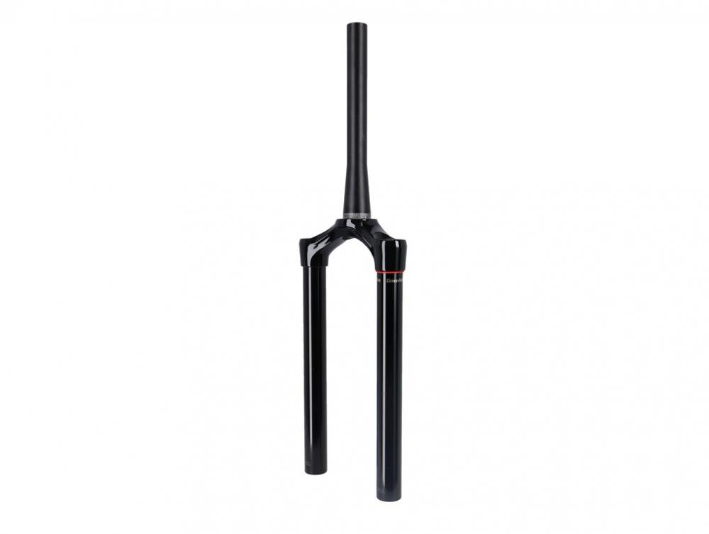 RockShox Lyrik Ultimate 29" Boost Gabel-Standrohr+Brücke CSU in glänzendem Schwarz auf weißem Hintergrund.
