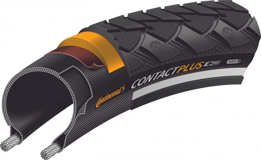 Querschnitt des Continental Contact Plus Reflex 28-622 E-50 Fahrradreifens zeigt Profil und Pannenschutz-Schichten.