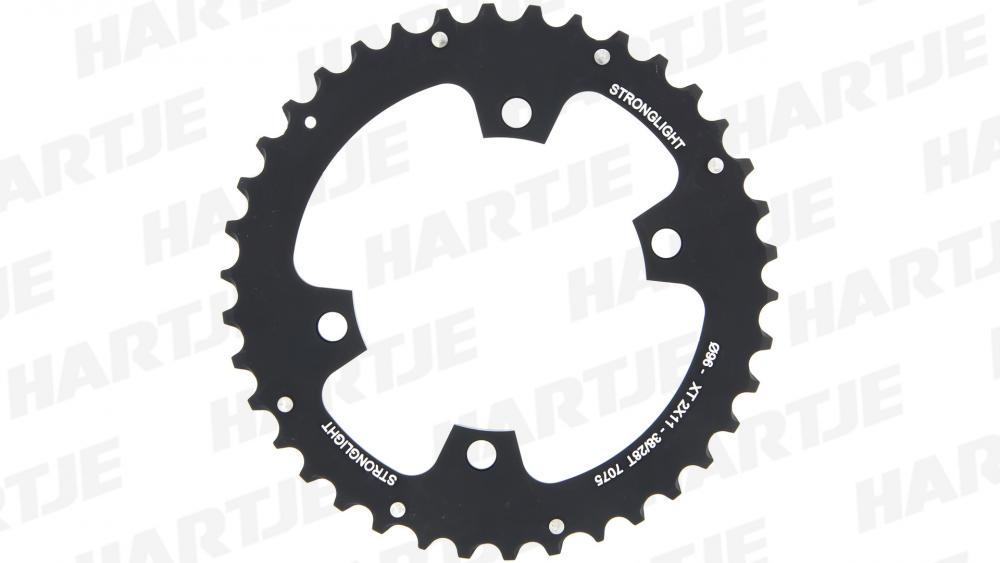 Schwarzes Stronglight HT3 Kettenblatt mit 38 Zähnen und 96mm BCD für Shimano XT 2x11 Antrieb.