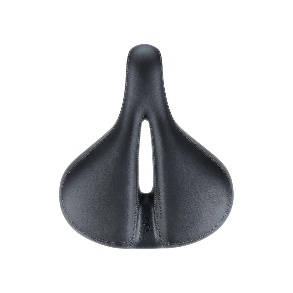 Schwarzer BBB Cycling SoftShape Upright Anatomic City-Sattel mit Memory Foam für maximalen Komfort.