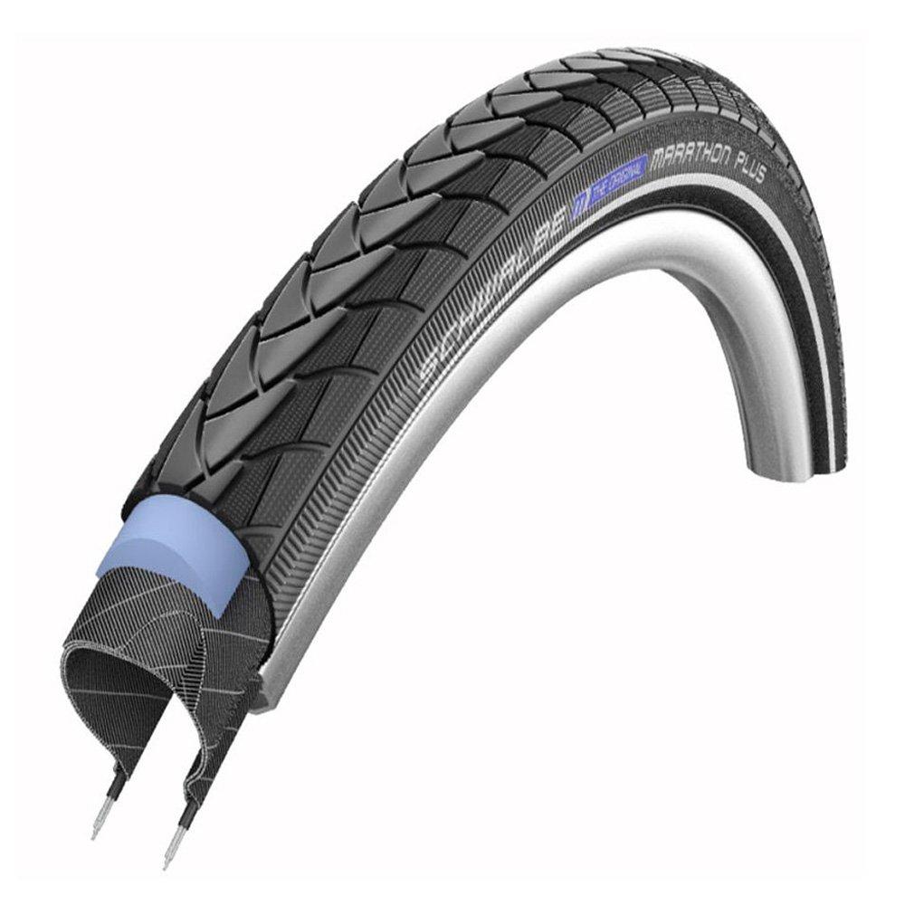 Aufgeschnittener Schwalbe Marathon Plus Drahtreifen mit Smart Guard Pannenschutz, Reflexstreifen und E-50 Eignung.