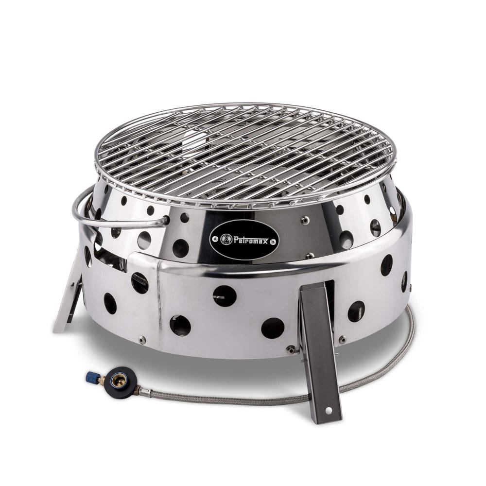 Petromax Atago Gasgrill kompakter, klappbarer Campinggrill mit Piezo-Zündung, Edelstahl, Ø 28 cm Grillrost, 3,8 kW Leistung, für Schraubkartuschen