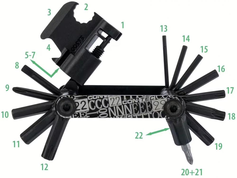 CONTEC Pocket Gadget F22 Stealth Fahrrad-Multitool, 22 Funktionen, Kettennieter, Torx, Innensechskant, Speichenschlüssel, schwarz