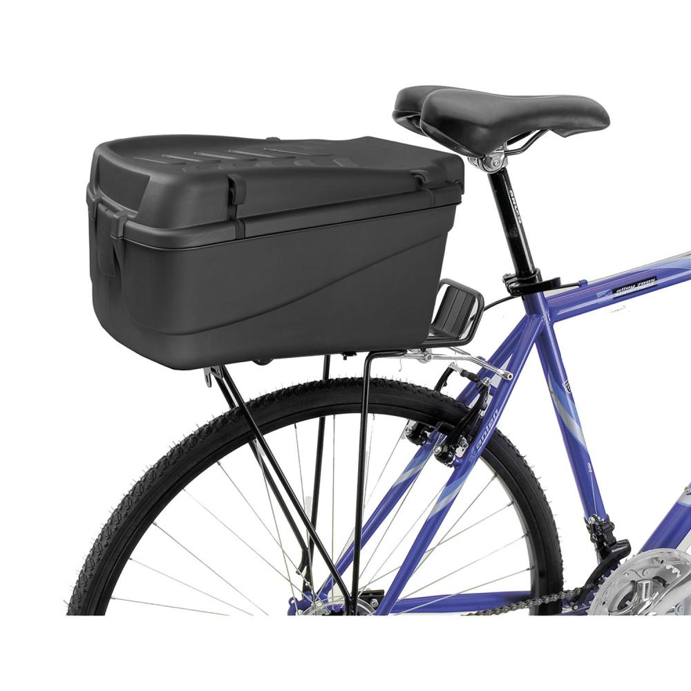 M-WAVE Amsterdam Easy Box S-M Fahrradkoffer 5L wasserdicht, abschließbar auf blauem Fahrrad-Gepäckträger.