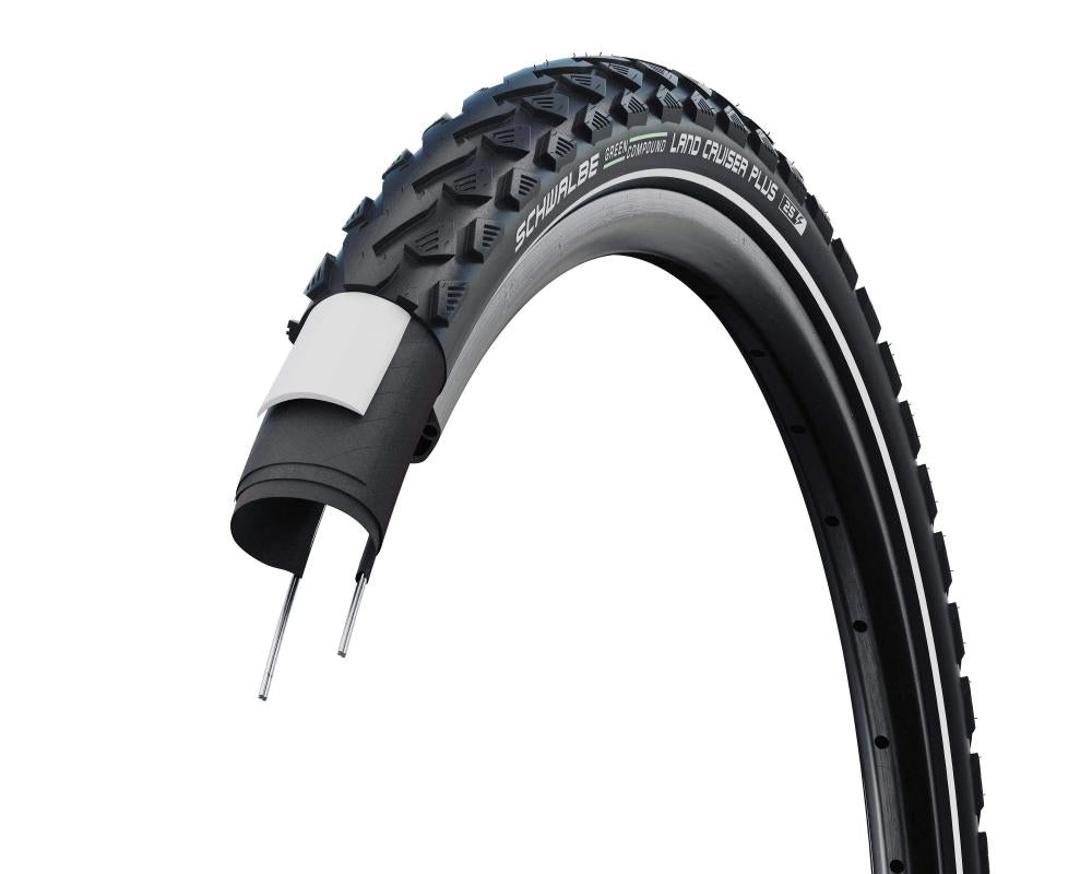 Schwalbe Land Cruiser Plus Drahtreifen 47-622 E-25 mit Reflexstreifen und Schnittbild der Pannenschutzschicht.