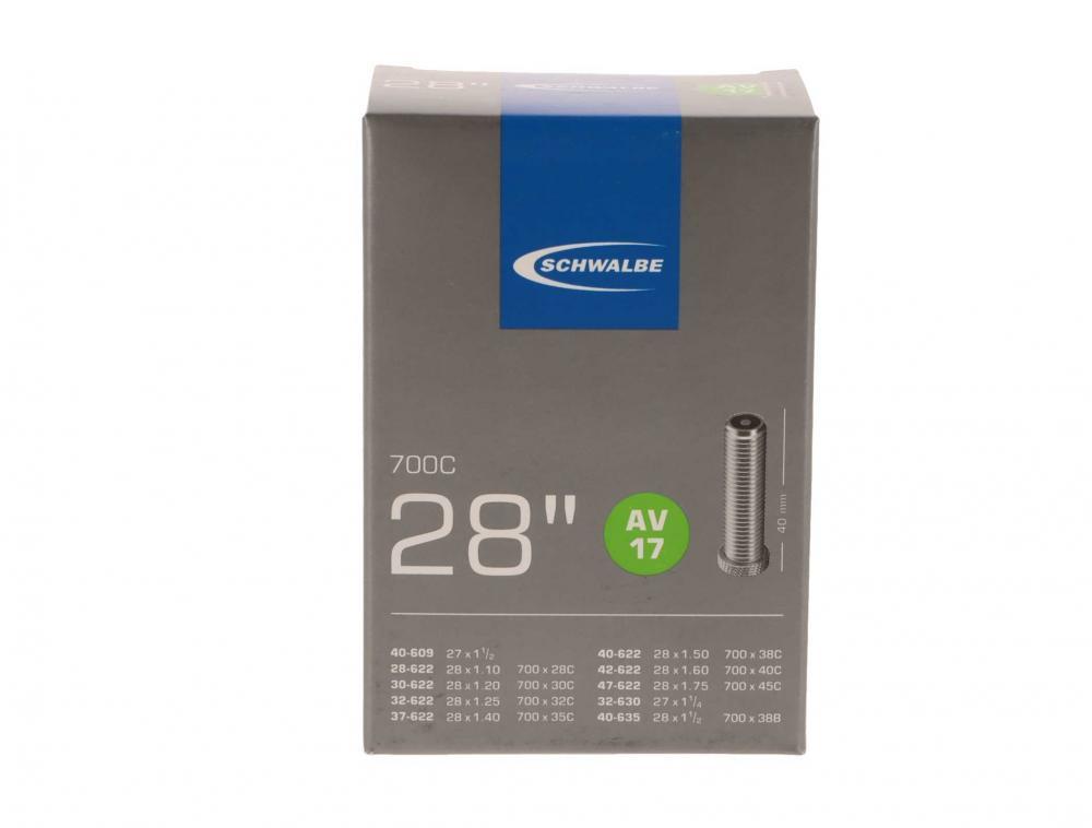Schwalbe AV17 Fahrradschlauch 28 Zoll 28/47-622/635 mit 40mm Autoventil in der grauen Originalverpackung.