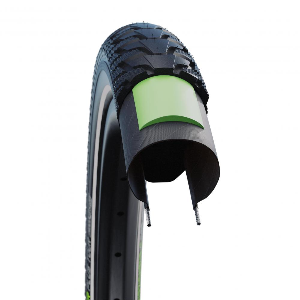 Schwalbe Energizer Plus Tour Fahrradreifen im Querschnitt mit grünem GreenGuard Pannenschutz, E-Bike Ready.