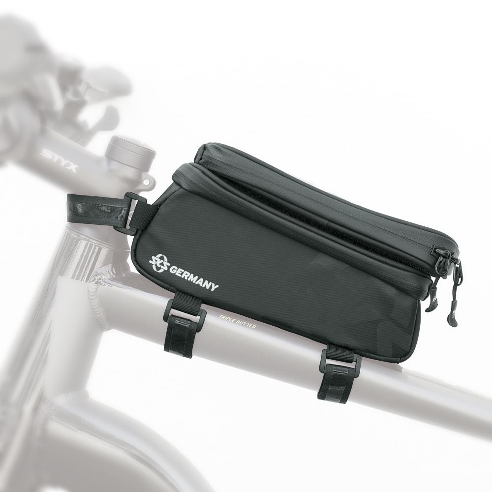 SKS Explorer Smart Oberrohrtasche schwarz für Smartphone, wasserabweisend, ideal für Bikepacking und Touren.
