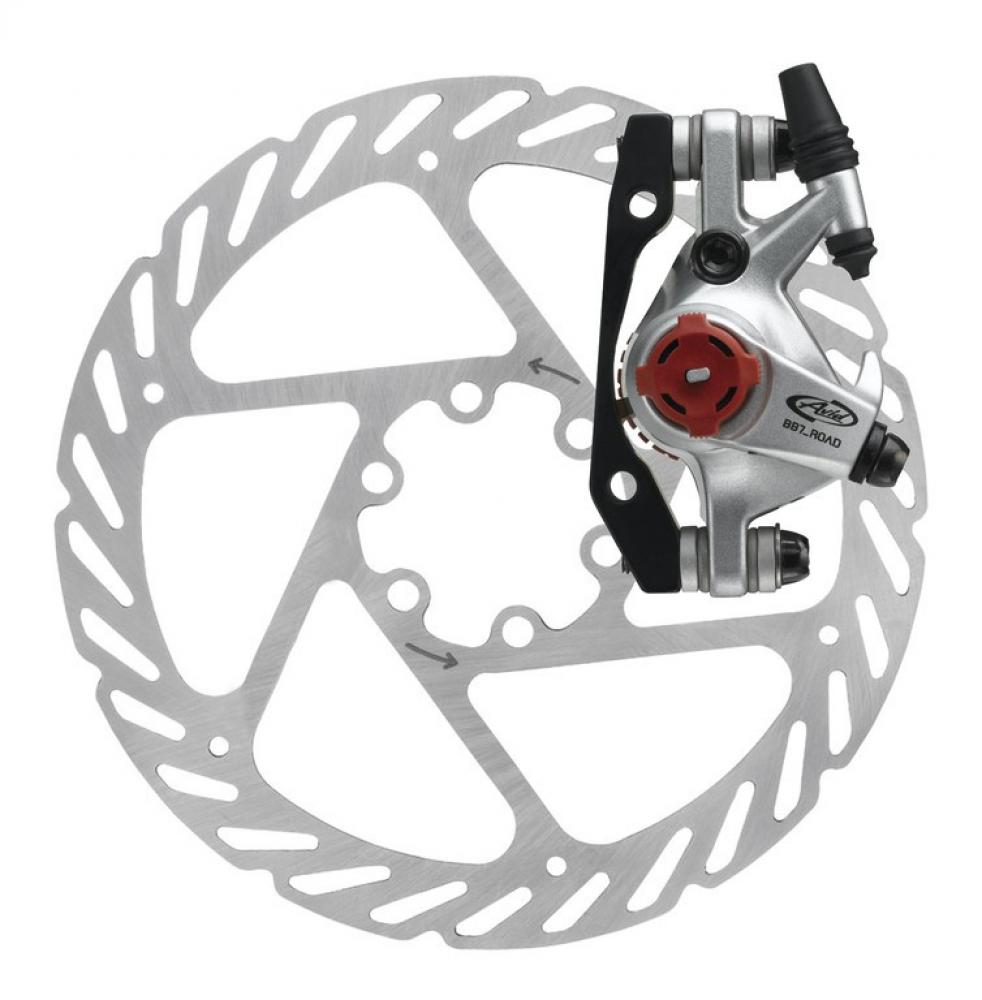 Avid BB7 Road mechanische Scheibenbremse HR, platinum, mit 140mm Bremsscheibe auf weißem Hintergrund.