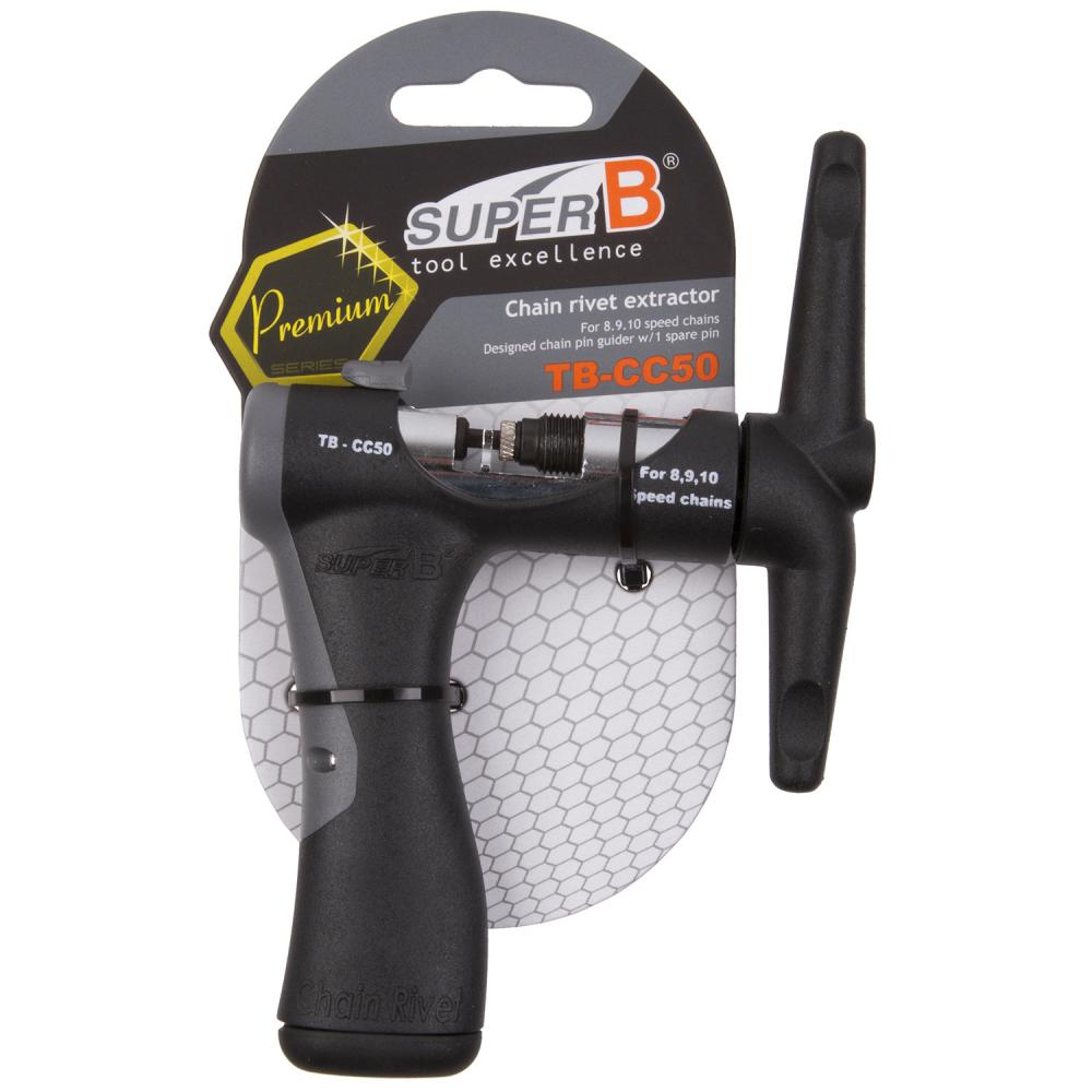SuperB TB-CC50 Premium Kettennieter für 1-10-fach Ketten, ergonomisch, mit Ersatzstift, auf Verpackung.