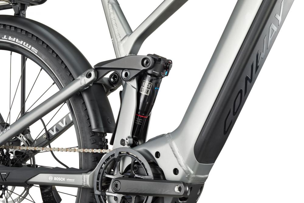 CONWAY Elektro-SUV "Xyron SUV 5.0" (#1), Full Suspension, 29", graphit grey matt, 12-Gang SRAM "SX Eagle", 40 cm / SnnDas Fahrrad besteht aus einem Aluminiumrahmen und ist mit einer Federgabel ausgestattet, die einen Gabelfederweg von 150 mm bietet. Die A