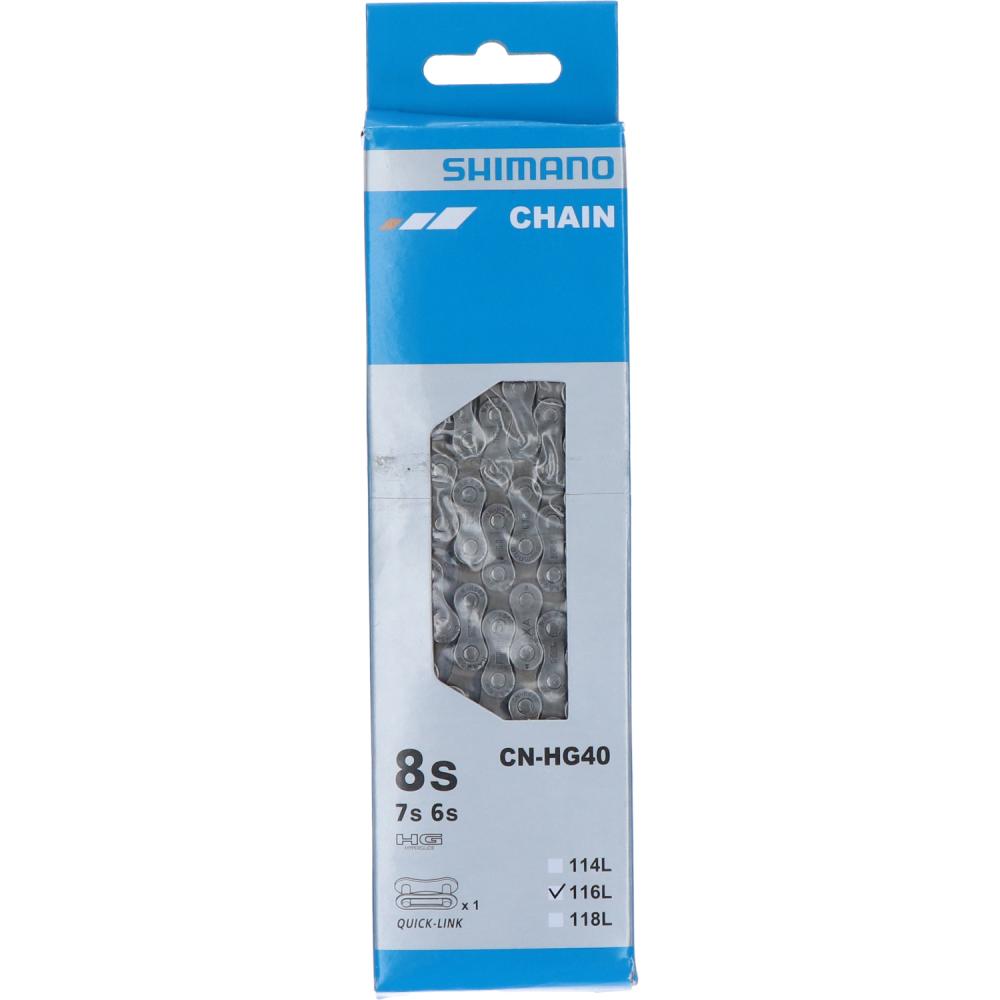 Shimano CN-HG40 Fahrradkette für 6-, 7- und 8-fach Schaltungen mit 116 Gliedern in der Verkaufsverpackung.