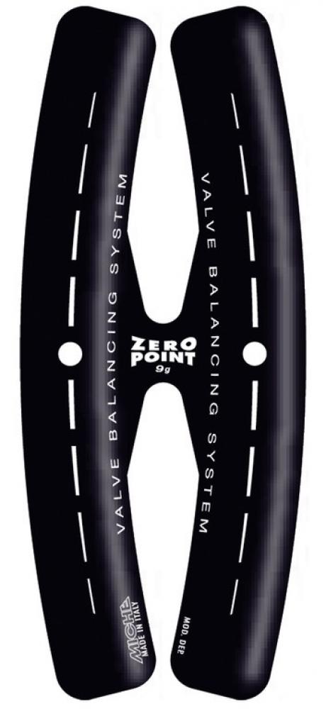 Miche Zero Point 9g Ventilgegengewicht für Fahrradfelgen zur Ausbalancierung, schwarz mit weißer Schrift.