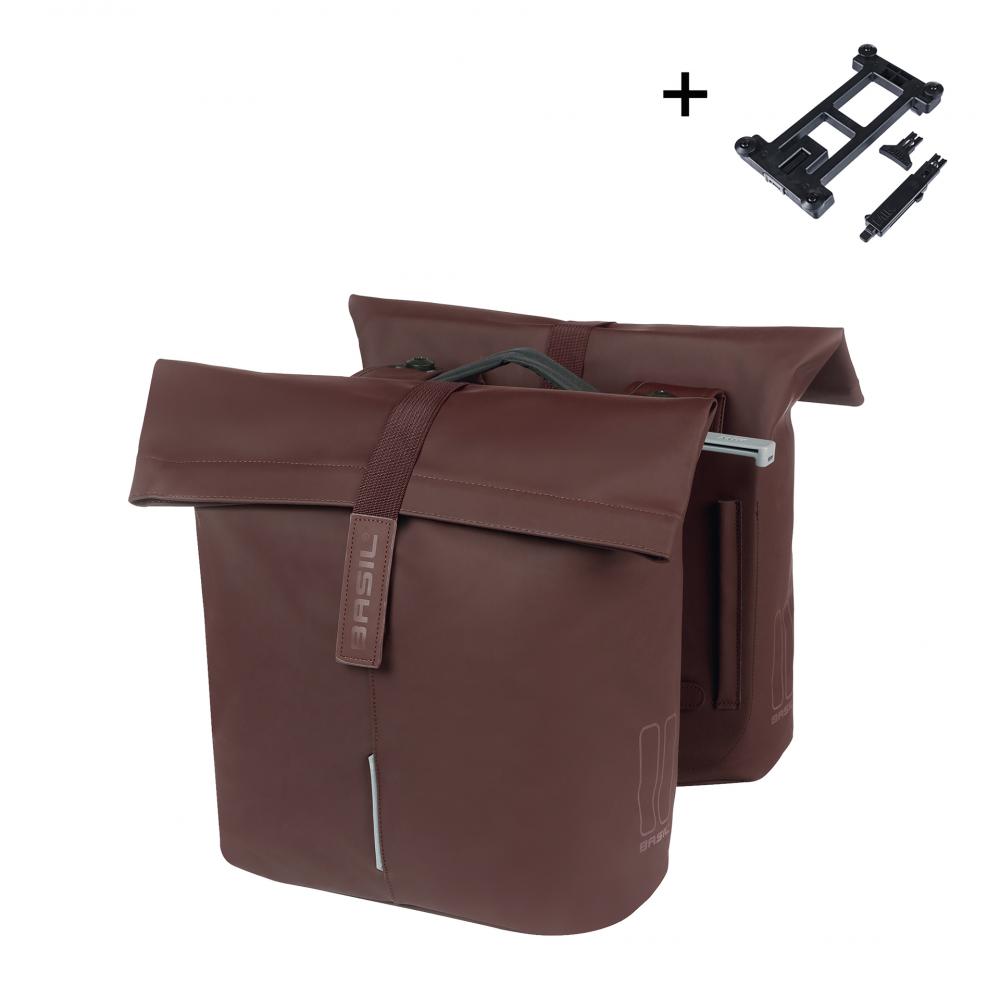 Braune BASIL City Doppeltasche aus veganem Leder mit Rollverschluss, 28-32L, und MIK 2.0 Adapterplatte.