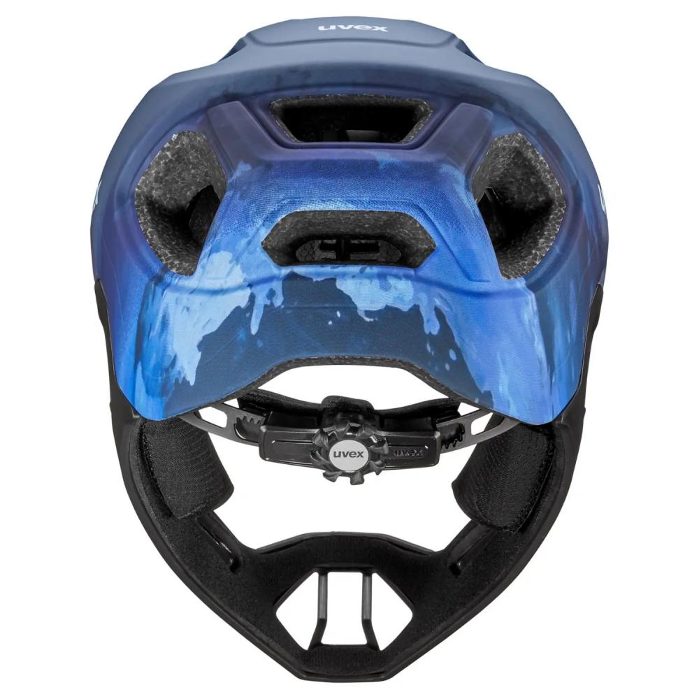 UVEX react jr. Fullface Kinder MTB Helm dusk blue matt mit Muster, Inmould, abnehmbarer Kinnbügel für Trail Downhill.