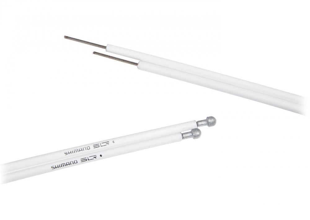 Weißes SHIMANO SLR Bremszug-Set Road mit SIL-TEC beschichteten Innenzügen für Fahrräder.