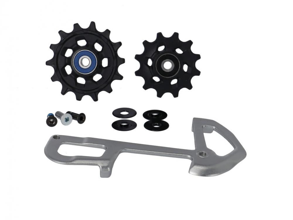 SRAM XX1 Eagle Schaltrollen und grauer Innenkäfig für präzises Schalt-Tuning an Eagle Antrieben.