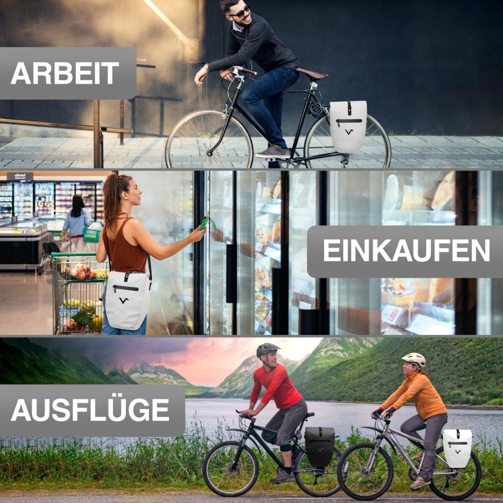 Valkental Gepäckträgertasche 20L reflektierend, weiß/schwarz, für Arbeit, Einkauf und Ausflüge.