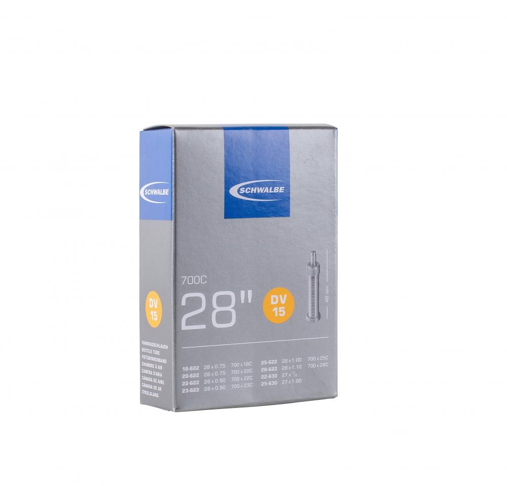 Schwalbe Fahrradschlauch DV15 18/28-622/630 mit 40mm Ventil, in grauer Originalverpackung dargestellt.