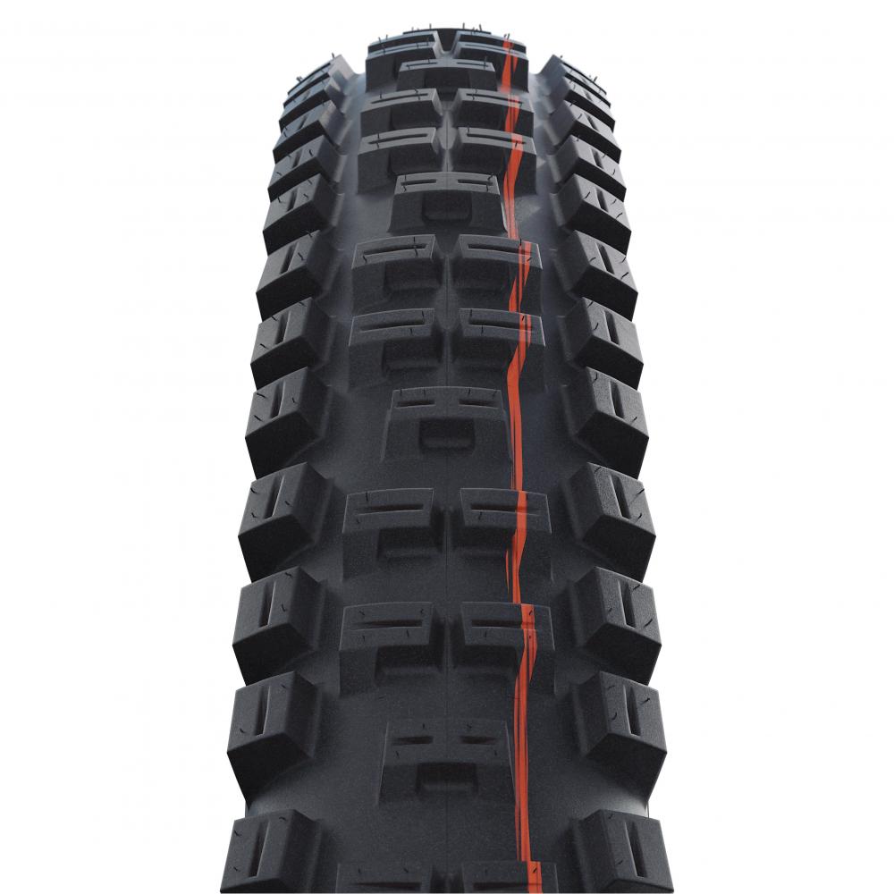 Schwalbe Big Betty 29x2.60" Downhill/Enduro Fahrradreifen mit aggressivem Profil und orangefarbener Linie, Super Gravity.