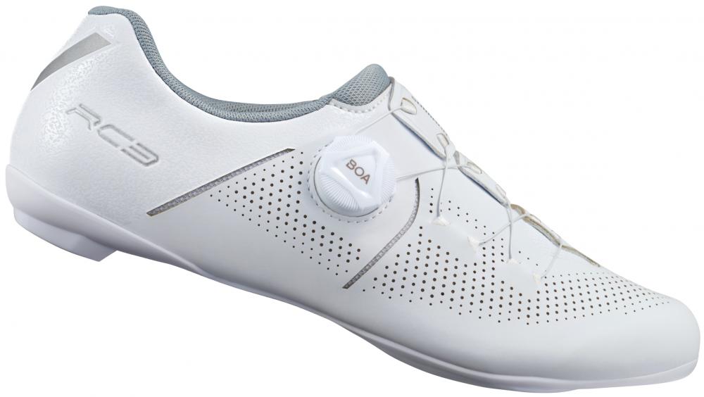 Weißer SHIMANO RC302W Damen Road SPD-SL Fahrradschuh mit BOA-Verschluss.
