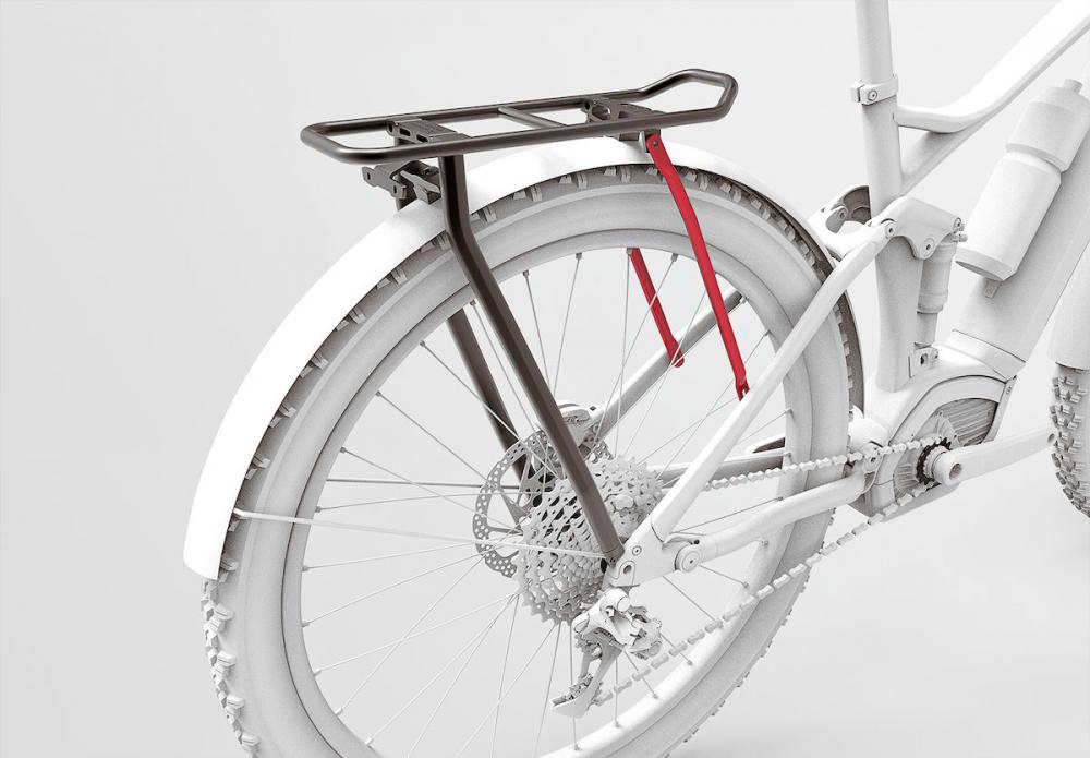 Centurion Racktime Zusatzstreben-Set am Fahrrad, rote Streben verstärken Gepäckträger für erhöhte Traglast.