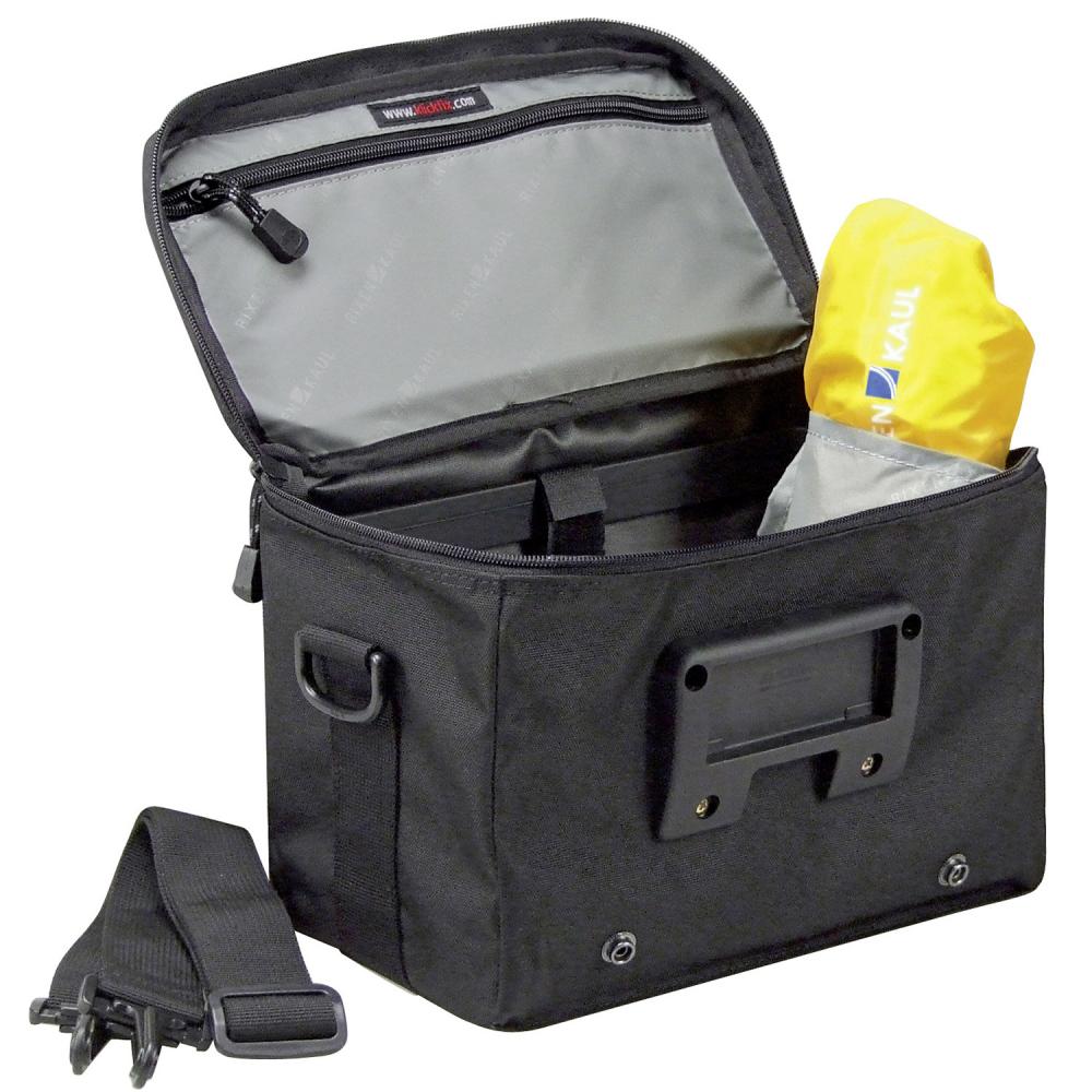 KLICKfix Lenkertasche Daypack Box schwarz, geöffnet mit Regenschutz, Schultergurt & Befestigungsplatte für Fahrrad.