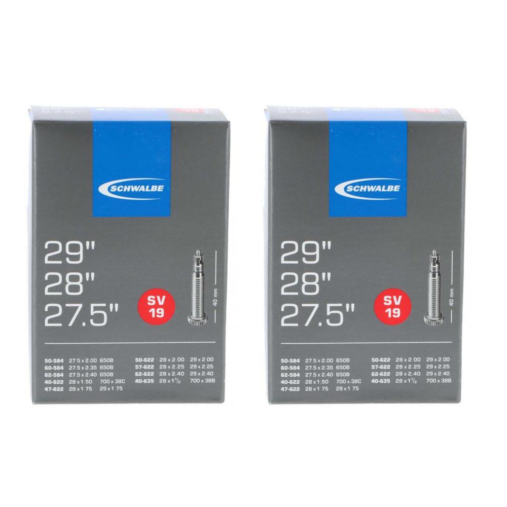 Zwei Packungen Schwalbe SV19 Fahrradschläuche für 27,5 bis 29 Zoll Reifen mit 40mm Sclaverand-Ventil.