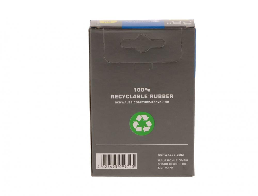 Schwalbe Schlauch SV20 extra lang 28 Zoll Verpackung, mit 100% recycelbar Hinweis.