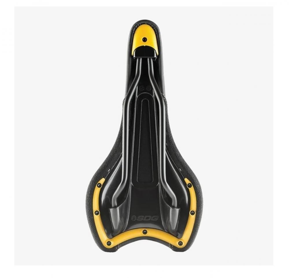 SDG Radar MTN Fahrradsattel schwarz-gold, Lux-Alloy, Unteransicht mit sichtbaren Streben und SDG Logo.