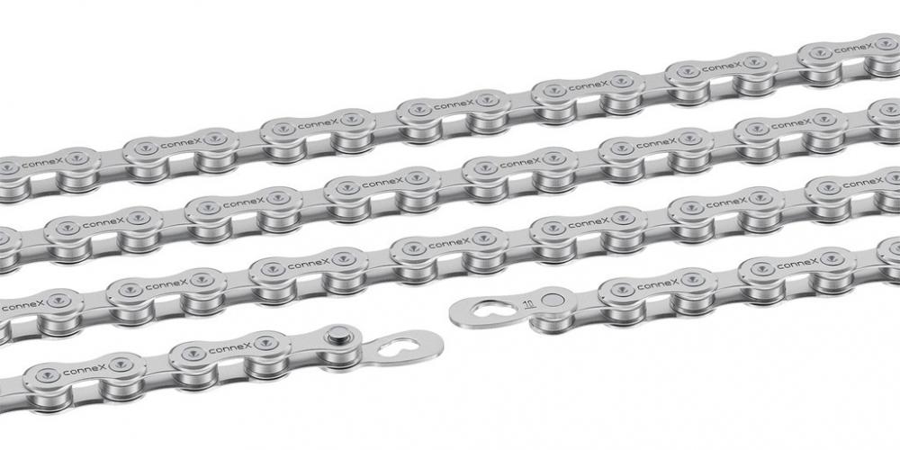 Connex Wippermann 10-fach Fahrradkette 10S0, silber, mit sichtbarem Verschlussglied und Logo.