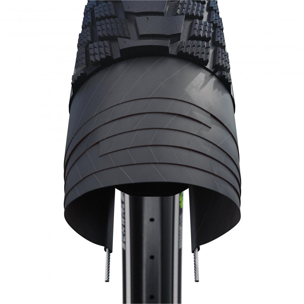 Schwalbe Pick-Up 16x2.15 E-50 Drahtreifen Schnittbild, schwarz. Sichtbare Super Defense Karkasse und ADDIX E Compound Profil.