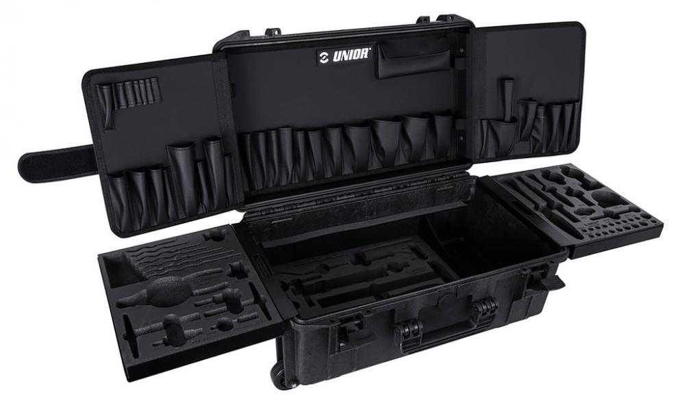 Unior Werkzeugkoffer leer für Master-Werkzeugsatz 970MASTERKIT, schwarz, offen, mit Fächern und Schaumstoffeinlagen.