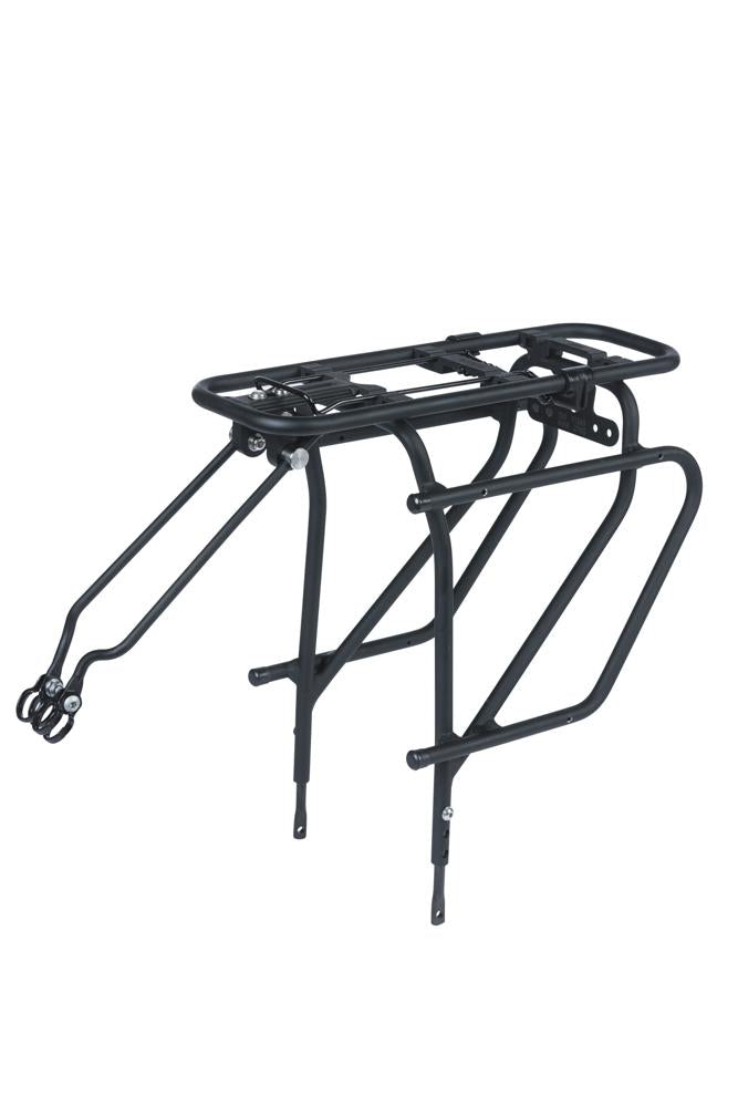 Schwarzer Basil Cargo Aluminium Gepäckträger hinten, 26-28 Zoll, MIK kompatibel, 30kg Tragkraft.